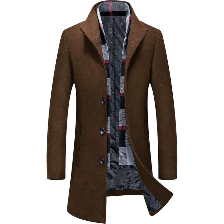Brauner Herrenmantel, Wollmischung, kariertes Innenfutter, eleganter Wintermantel.