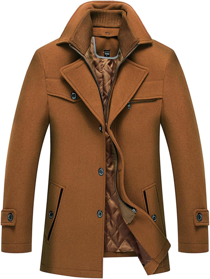 Brauner Herrenmantel, Wollmischung, elegantes Design, Herbstmode, Knopfleiste, Reverskragen.