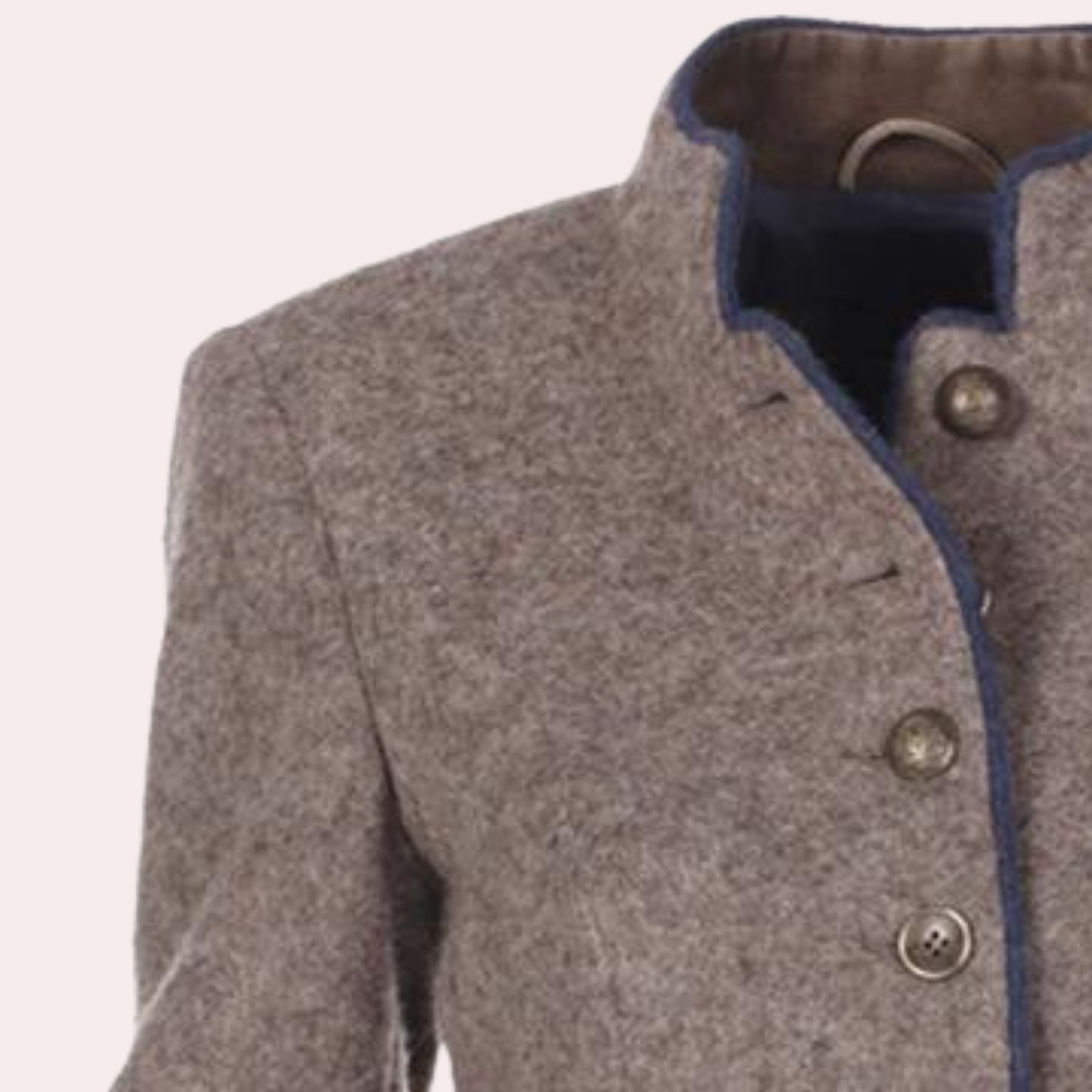 Braune Damenjacke aus Wolle mit Stehkragen und Knöpfen, elegantes Design.