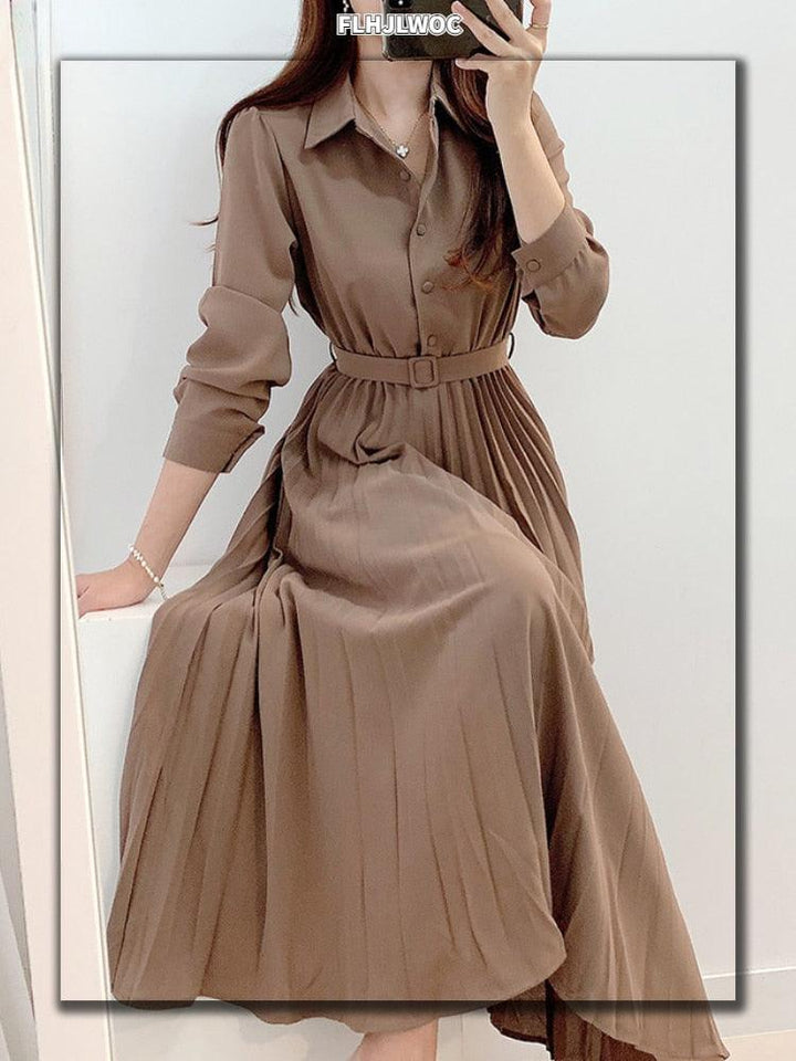 Braunes, langärmeliges Hemdkleid mit Gürtel, plissiertem Rock, elegantes Damenmode-Outfit.