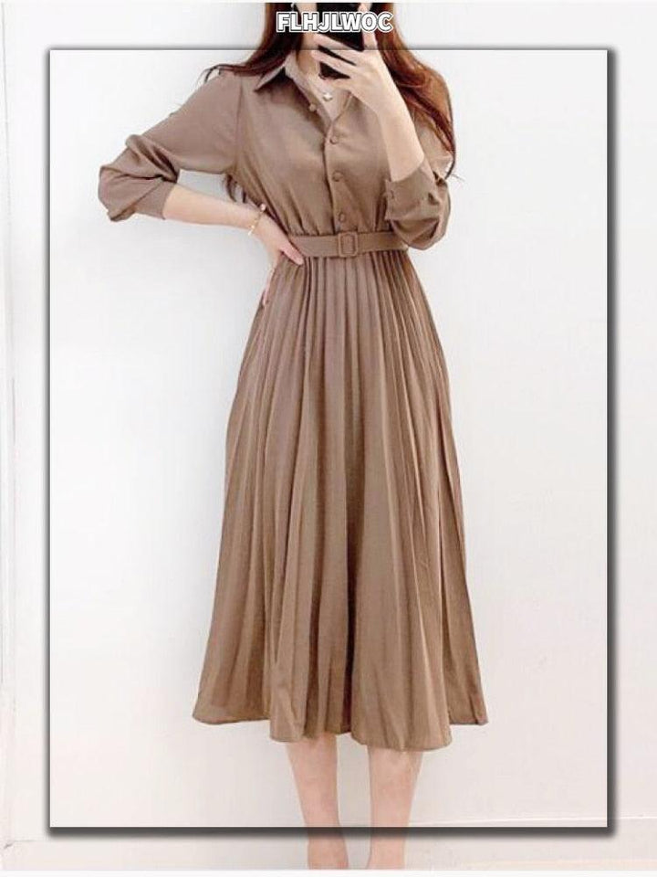 Braunes Damenkleid mit Gürtel, langärmelig, knielang, elegantes Design, Faltenrock.