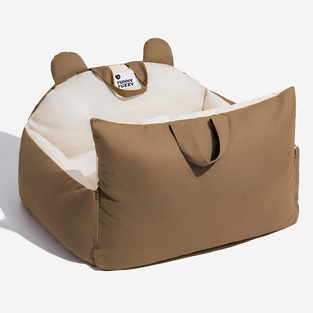 Braunes Hundebett mit Bärenohren, Autositzausstattung, lustiges Design, Sicherheitsbett.