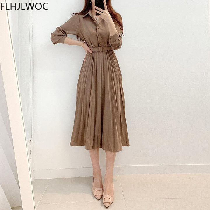 Damen Midikleid Braun, Langarm, Faltenrock, Gürtel, Elegantes Design, Freizeitmode.