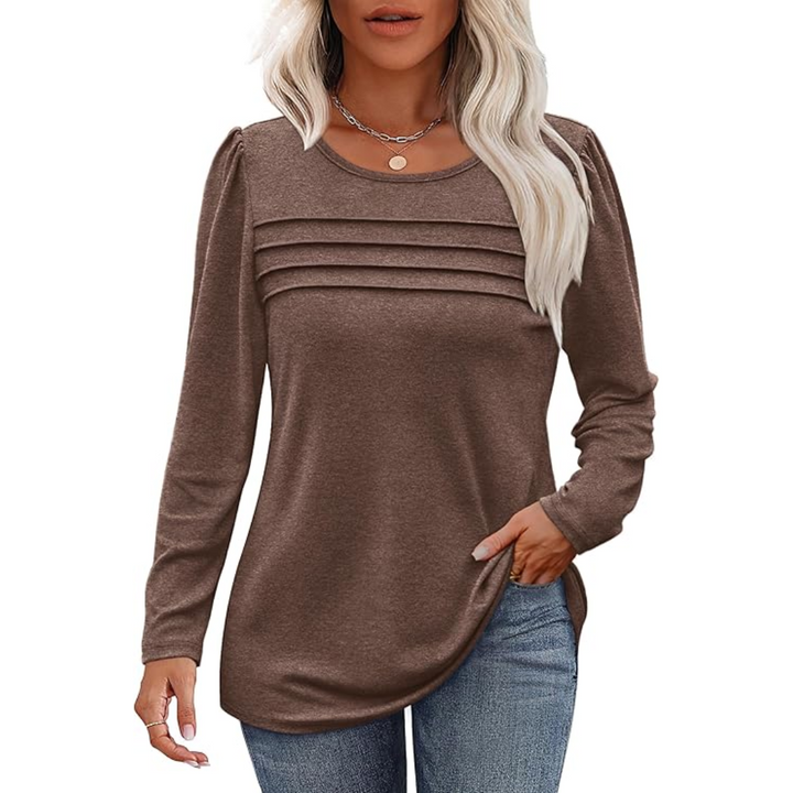 Braunes Damen-Langarmshirt, Rundhalsausschnitt, Falten-Design, lässig, modisch, Herbstmode.