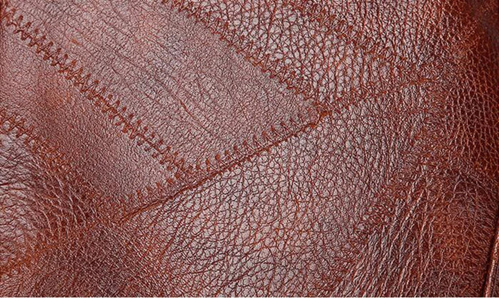Braunes Leder mit Ziernähten, Nahaufnahme, Textur, hochwertiges Material, Polsterung.