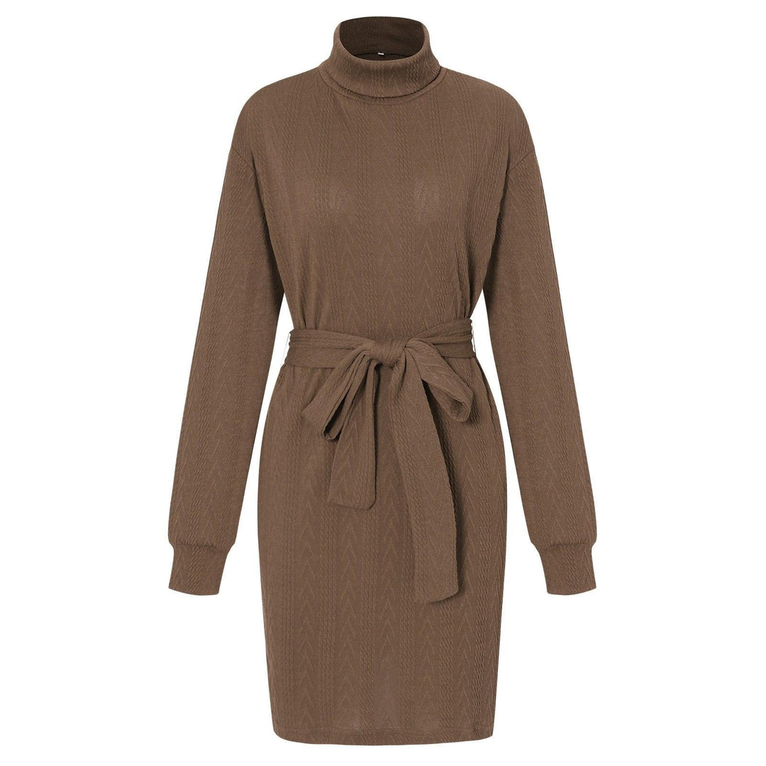 Braunes Strickkleid mit Rollkragen und Gürtel, Damenmode, Herbst-Winter, elegant, bequem.