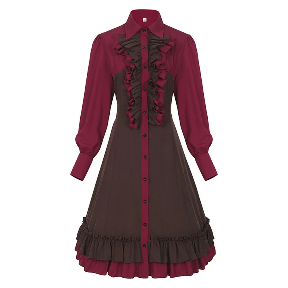 Burgunderrotes und braunes Vintage-Kleid mit Rüschen, langärmelig, Knopfleiste, Damenmode.
