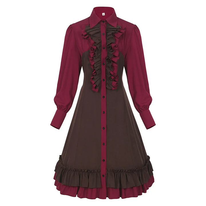 Burgunderrotes und braunes Vintage-Kleid mit Rüschen, langärmelig, Knopfleiste, Damenmode.
