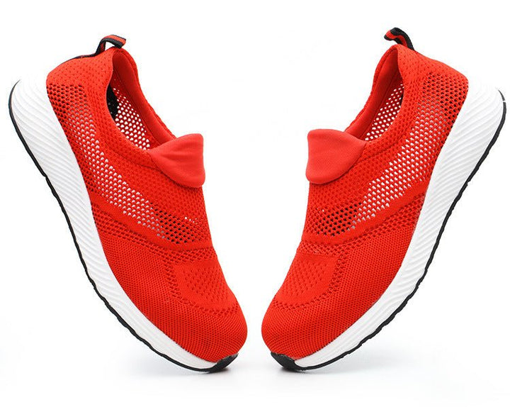 Rote atmungsaktive Sneaker, Mesh-Design, sportlich, bequem, für Damen und Herren.