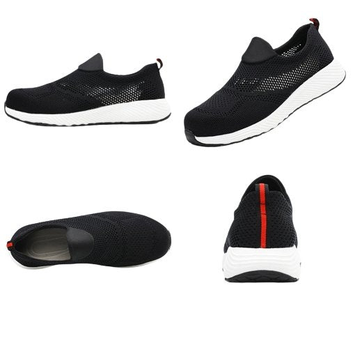 Schwarze, atmungsaktive Sneaker für Herren, rutschfest, sportlich, mit weißer Sohle.