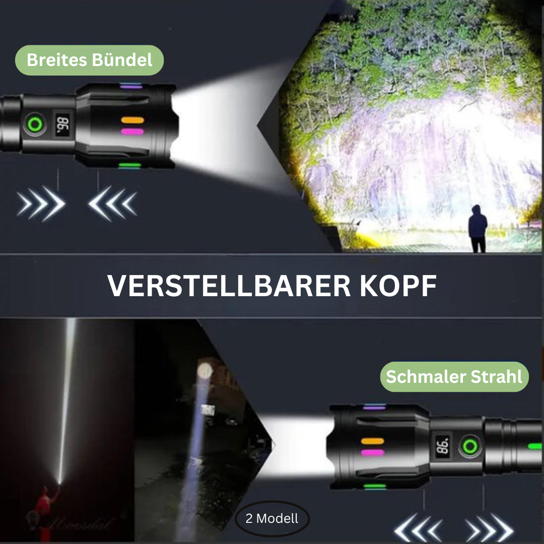 Verstellbare LED-Taschenlampe, breites und schmales Lichtbündel, Outdoor, schwarz.