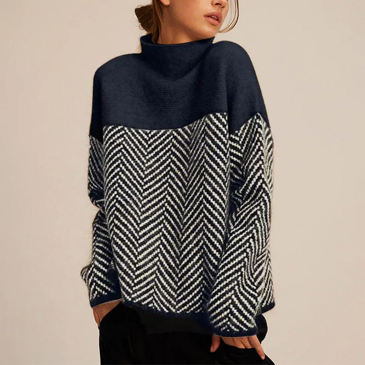 Damen Rollkragenpullover, navyblau, Zickzackmuster, warm, modisch, Herbstmode.