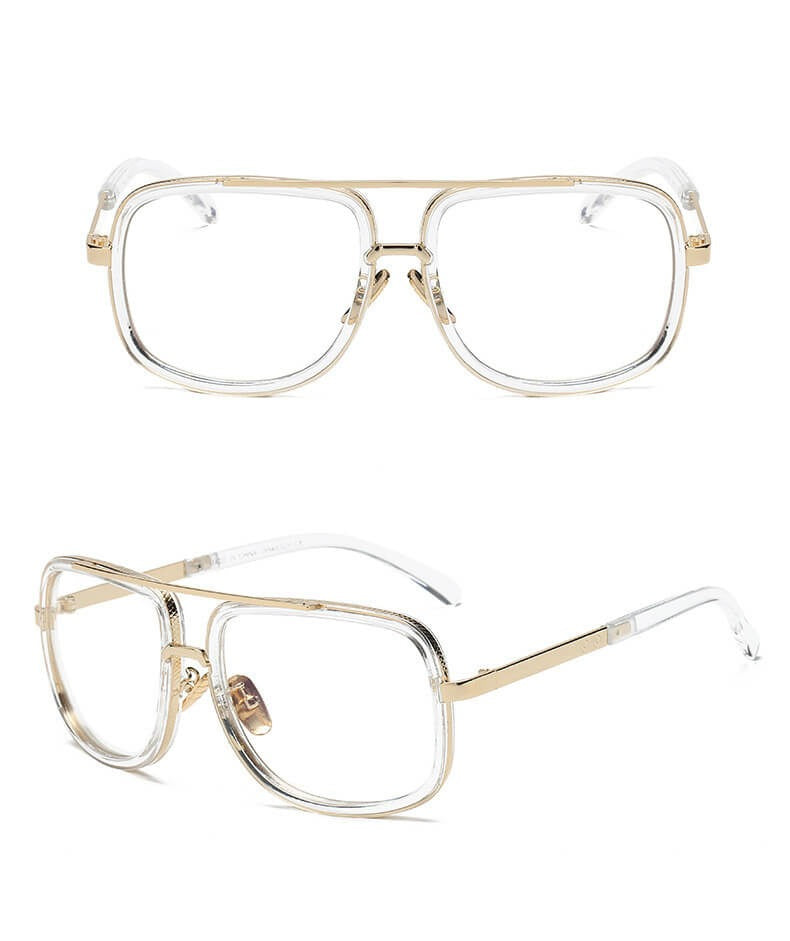 Goldene, rechteckige Brille mit transparenten Gläsern, Unisex-Design, modisch und elegant.