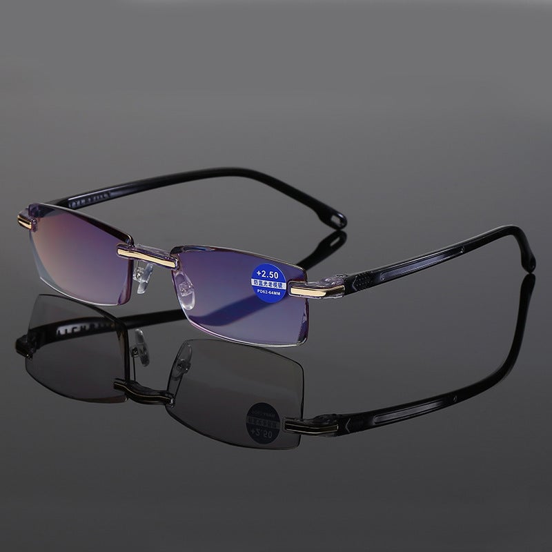 Brille mit Halbrand, lila Gläser, +2.50 Dioptrien, schwarz-goldenes Gestell, Lesebrille.