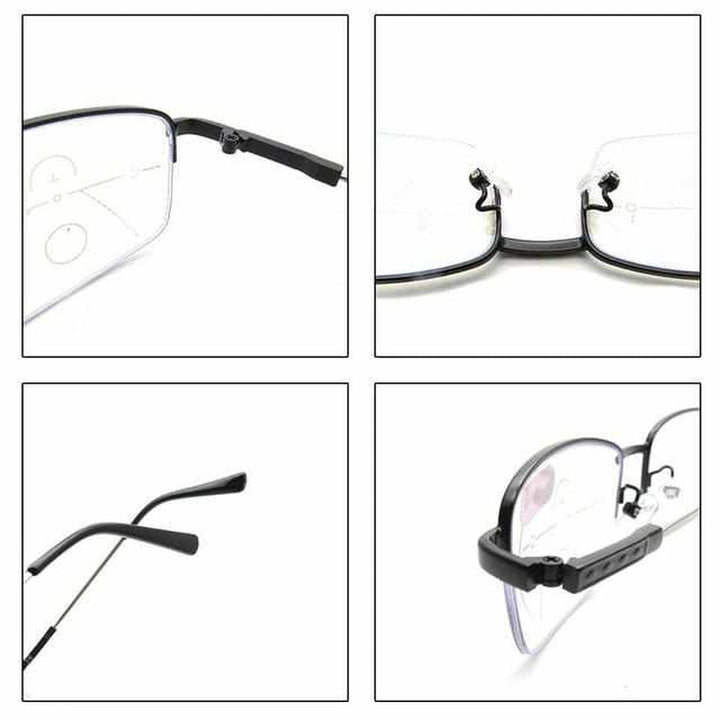 Brille mit schwarzem Metallrahmen, rechteckige Gläser, Nahaufnahme, modisch, langlebig.