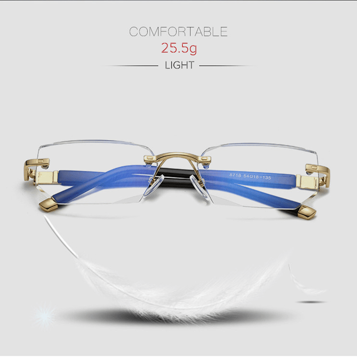Leichte randlose Brille, blau-gold, 25,5g, komfortabel, modisch, Unisex-Design.