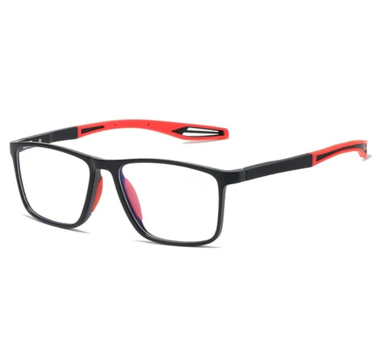 Schwarze Herren-Sportbrille, ultra-leicht, anti-blaues Licht, rote Bügel, rechteckig.