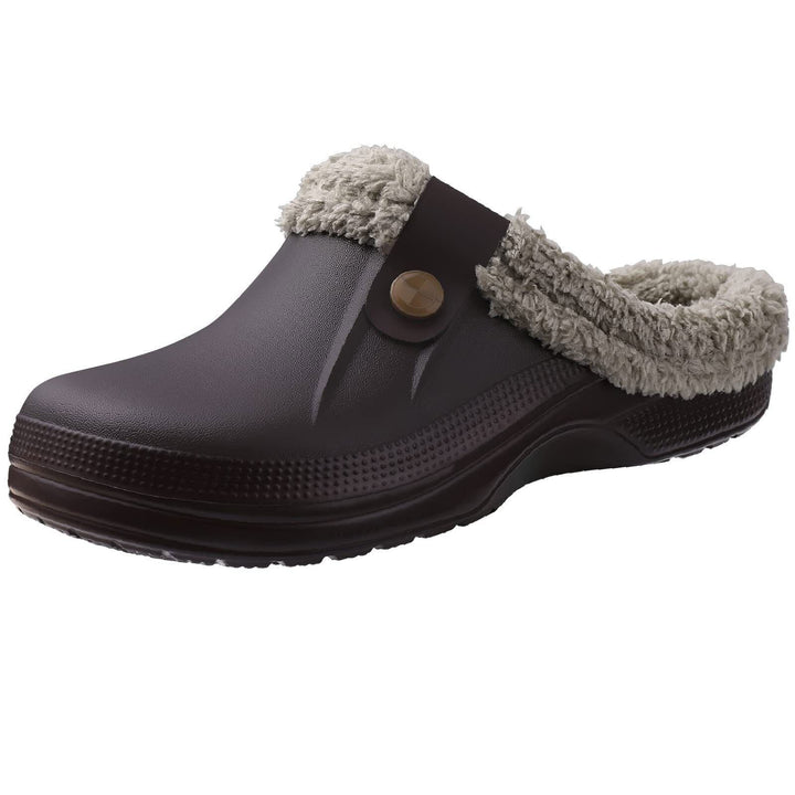 Brauner Clog mit Fellfutter, rutschfest, bequem, ideal für den Winter, Unisex-Hausschuhe.