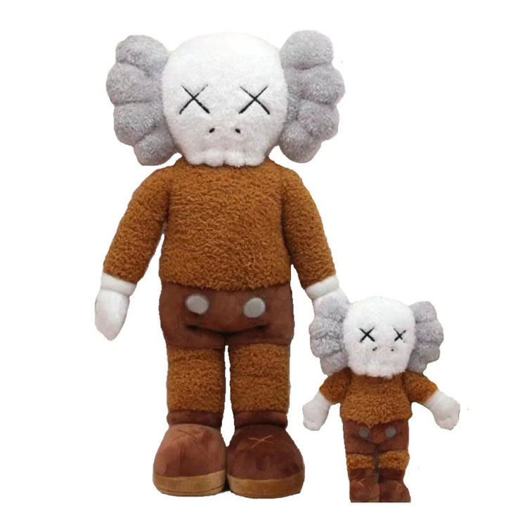Braune Plüschfigur mit grauem Kopf und X-Augen, große und kleine Version, KAWS-Stil.