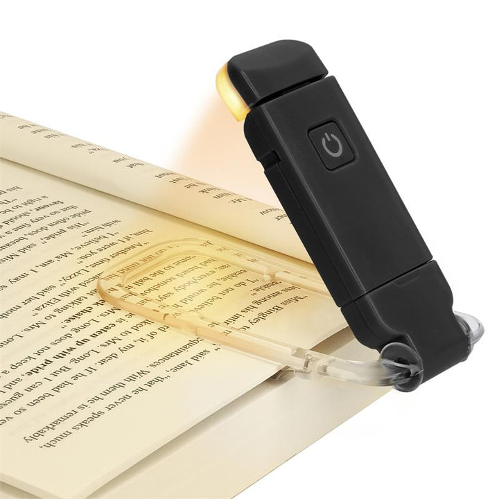 Schwarze LED-Buchlampe, tragbar, wiederaufladbar, ideal für nächtliches Lesen.
