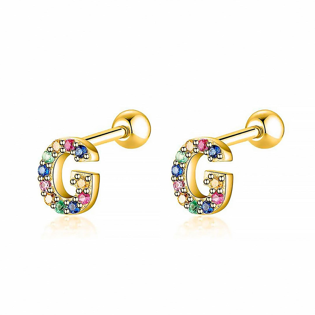 Goldene Ohrringe mit bunten Buchstaben G, Schmuck, modisch, Damenaccessoire, Geschenkidee.