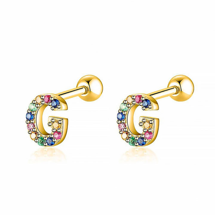 Goldene Ohrringe mit bunten Buchstaben G, Schmuck, modisch, Damenaccessoire, Geschenkidee.