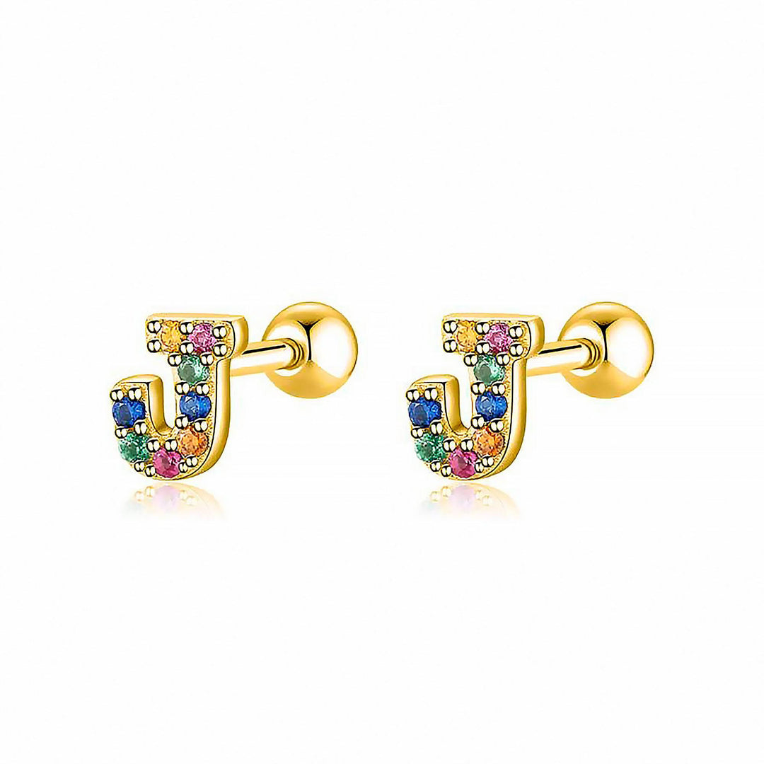 Goldene Ohrringe mit bunten Buchstaben J, Schmuck, modisch, Damenaccessoire, Geschenkidee.