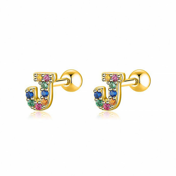 Goldene Ohrringe mit bunten Buchstaben J, Schmuck, modisch, Damenaccessoire, Geschenkidee.