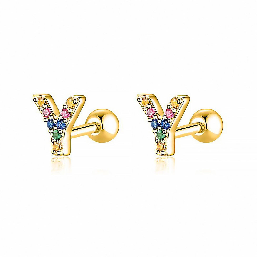Goldene Ohrringe mit bunten Buchstaben Y, Schmuck, modisch, Damenaccessoire, Geschenkidee.