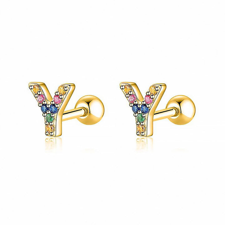Goldene Ohrringe mit bunten Buchstaben Y, Schmuck, modisch, Damenaccessoire, Geschenkidee.