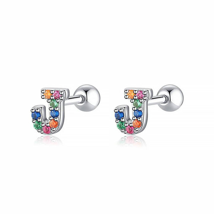 Bunte Buchstaben-Ohrringe, J-Form, Silber, mit farbigen Kristallen, modischer Schmuck.