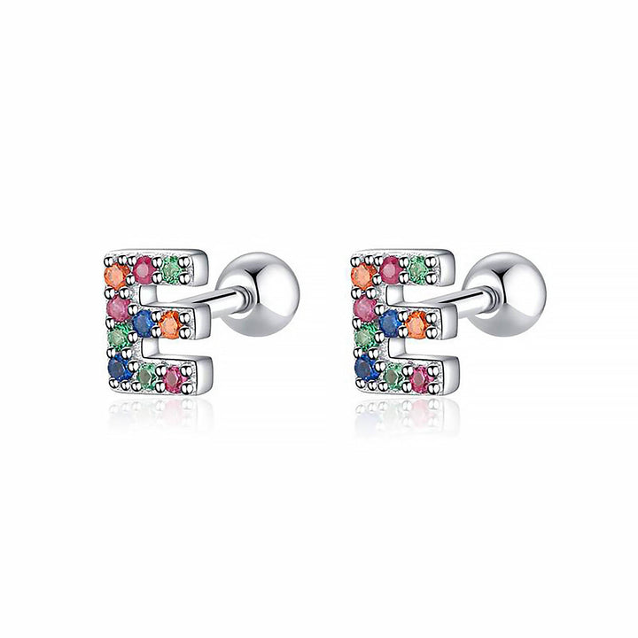 Silberne Ohrringe mit bunten Buchstaben, Zirkonia, modischer Schmuck, Geschenkidee.