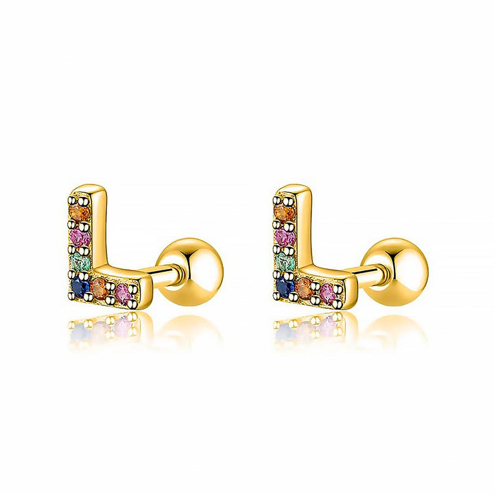 Goldene Ohrringe mit bunten Buchstaben, Schmuck, modisch, Damenaccessoire, Geschenkidee.