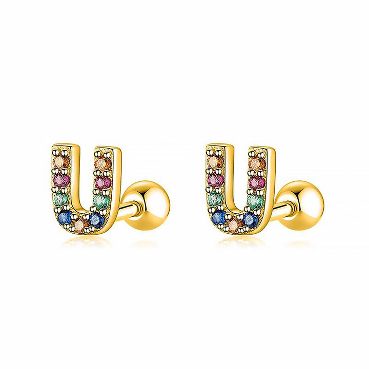 Goldene Ohrringe mit bunten Buchstaben, Schmuck, modische Accessoires, Geschenkideen.