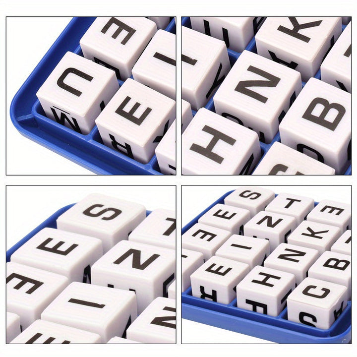 Buchstabenspiel mit weißen Würfeln und schwarzen Buchstaben in blauem Tablett, Lernspielzeug.