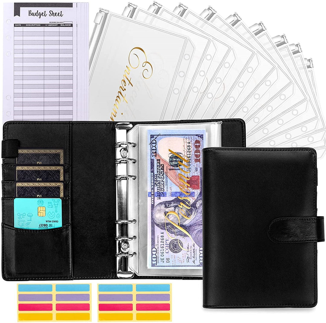 Schwarzes Budget-Planer-Set mit Geldumschlägen, Budgetblättern und Kartenfächern.