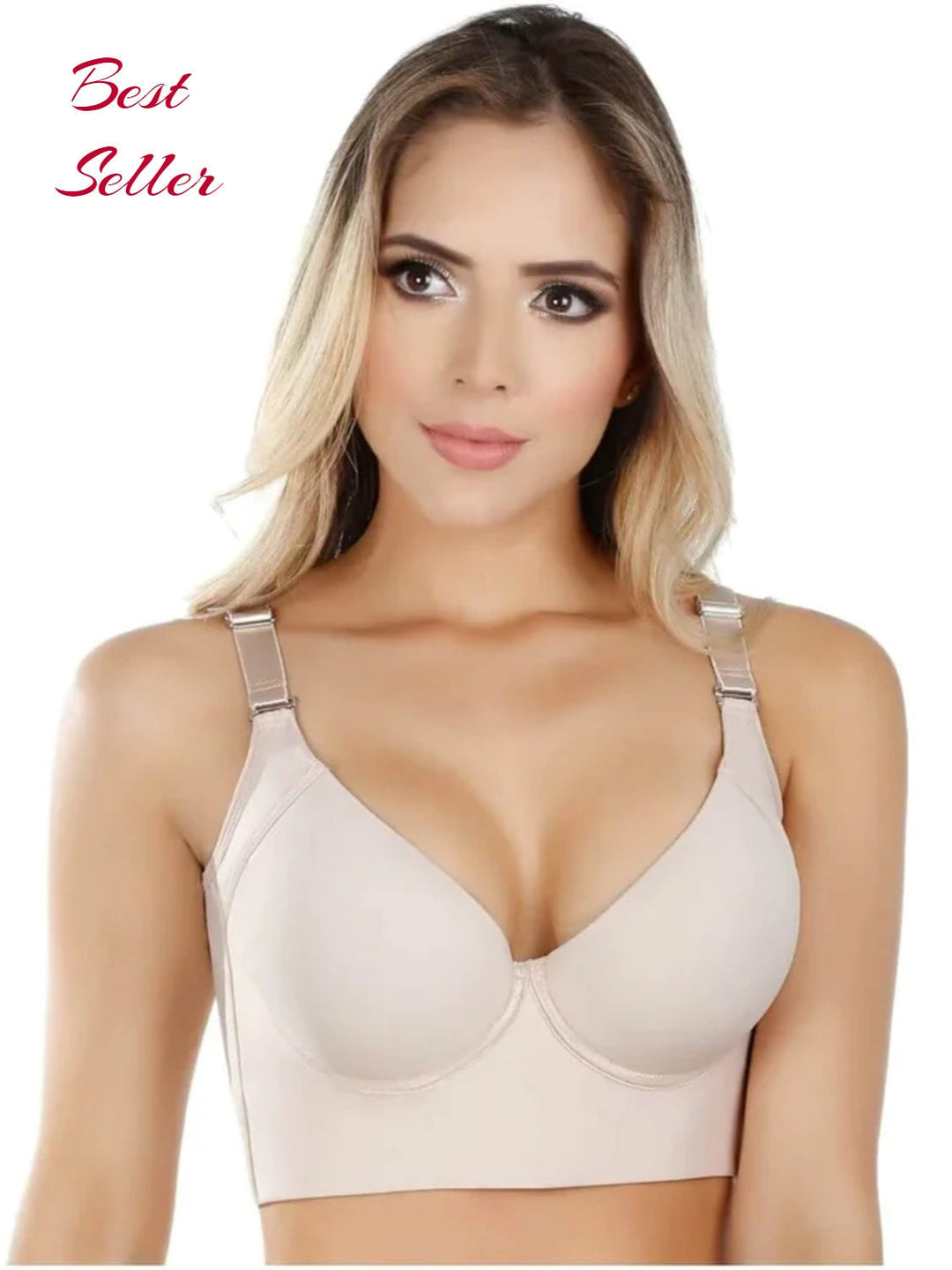 Beiger Damen-BH mit tiefem Ausschnitt, verstellbaren Trägern, Bestseller, bequem, stützend.