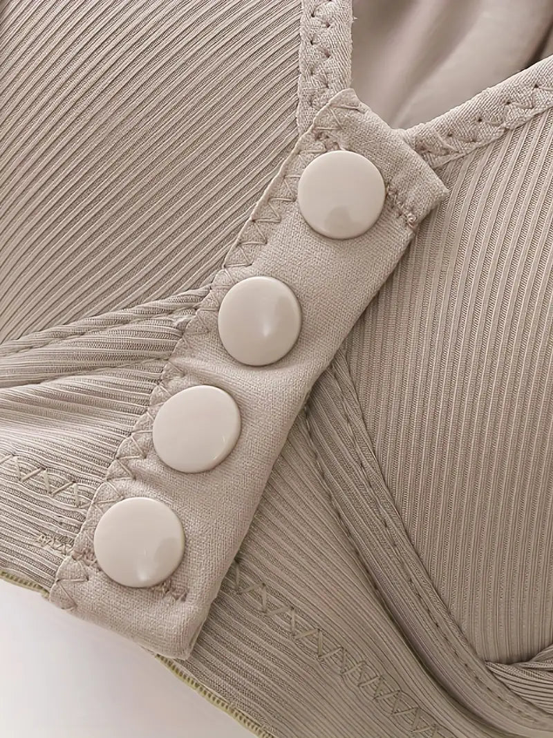 Beiger Sport-BH mit Knöpfen, nahtlos, geripptes Design, Damenunterwäsche, bequem, elastisch.