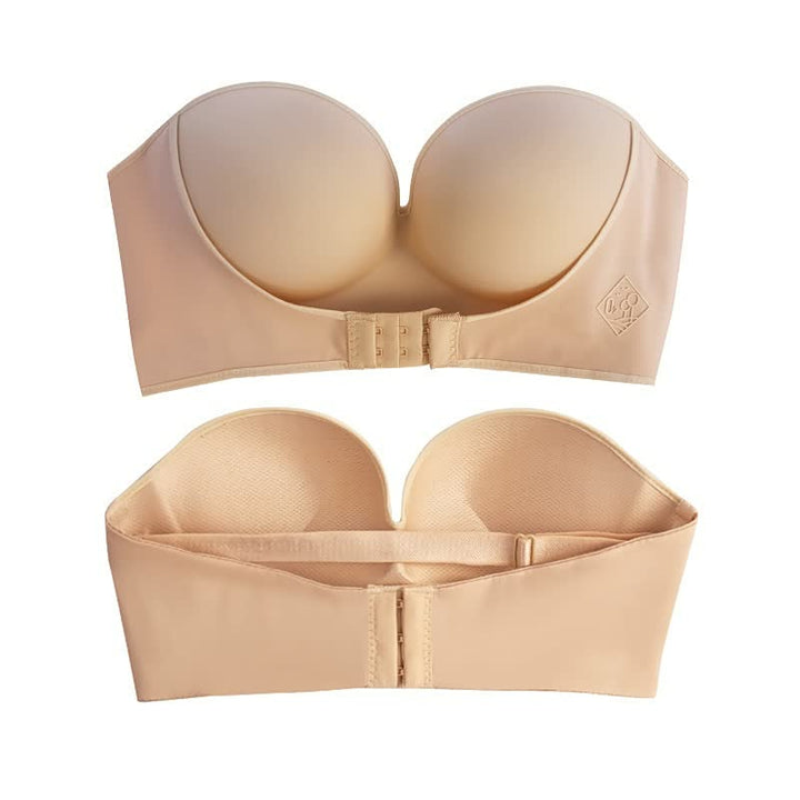 Beiger trägerloser BH, nahtlos, Push-up, Vorder- und Rückansicht, ideal für schulterfreie Kleidung.