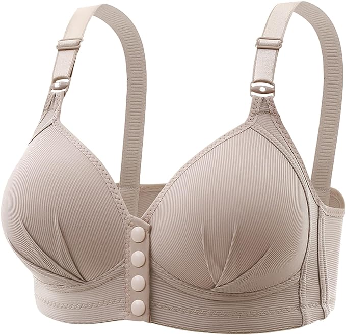 Beiger, nahtloser Damen-BH mit verstellbaren Trägern und Knöpfen, bequem und stützend.