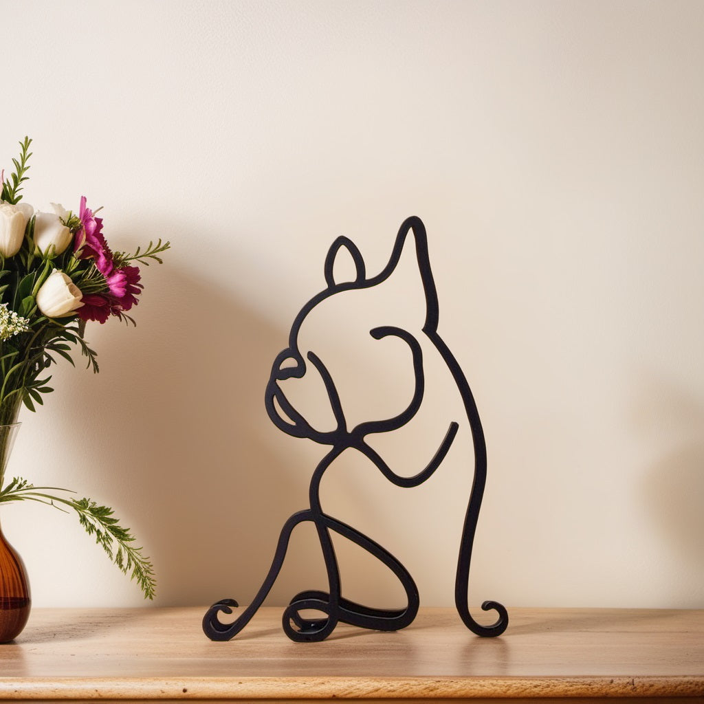 Schwarze Bulldogge Metallskulptur auf Holzregal, moderne Deko, neben Blumenstrauß in Vase.