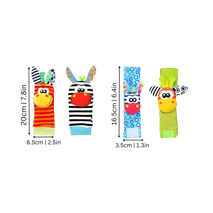 Bunte Baby-Rasselsocken mit Tiermotiven, gestreift, 20cm und 16,5cm, weiches Material.