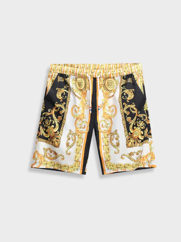 Herren-Badeshorts mit barockem Muster, schwarz-gold, elastischer Bund, Sommermode.