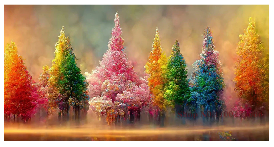 Bunte Herbstbäume im Nebel, Landschaftsmalerei, Naturkunst, Wanddekoration, farbenfroh.
