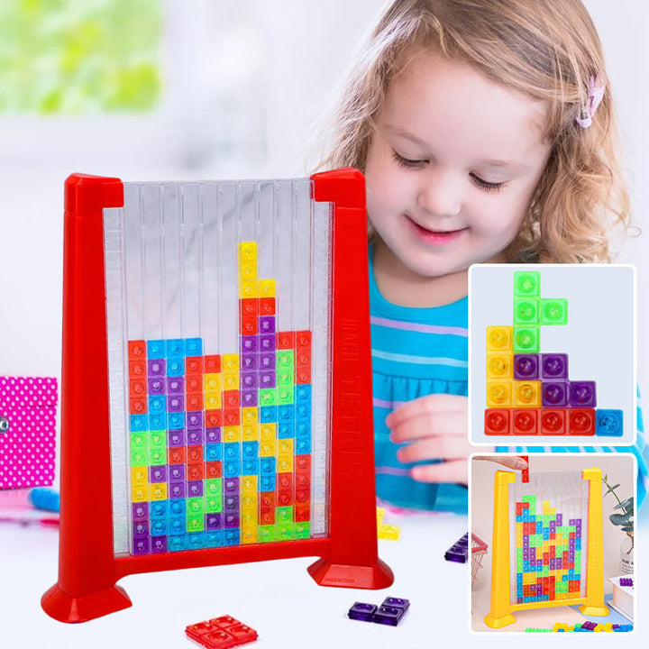 Kinderspielzeug, bunte Bausteine, vertikales Puzzle, Lernspiel, roter Rahmen
