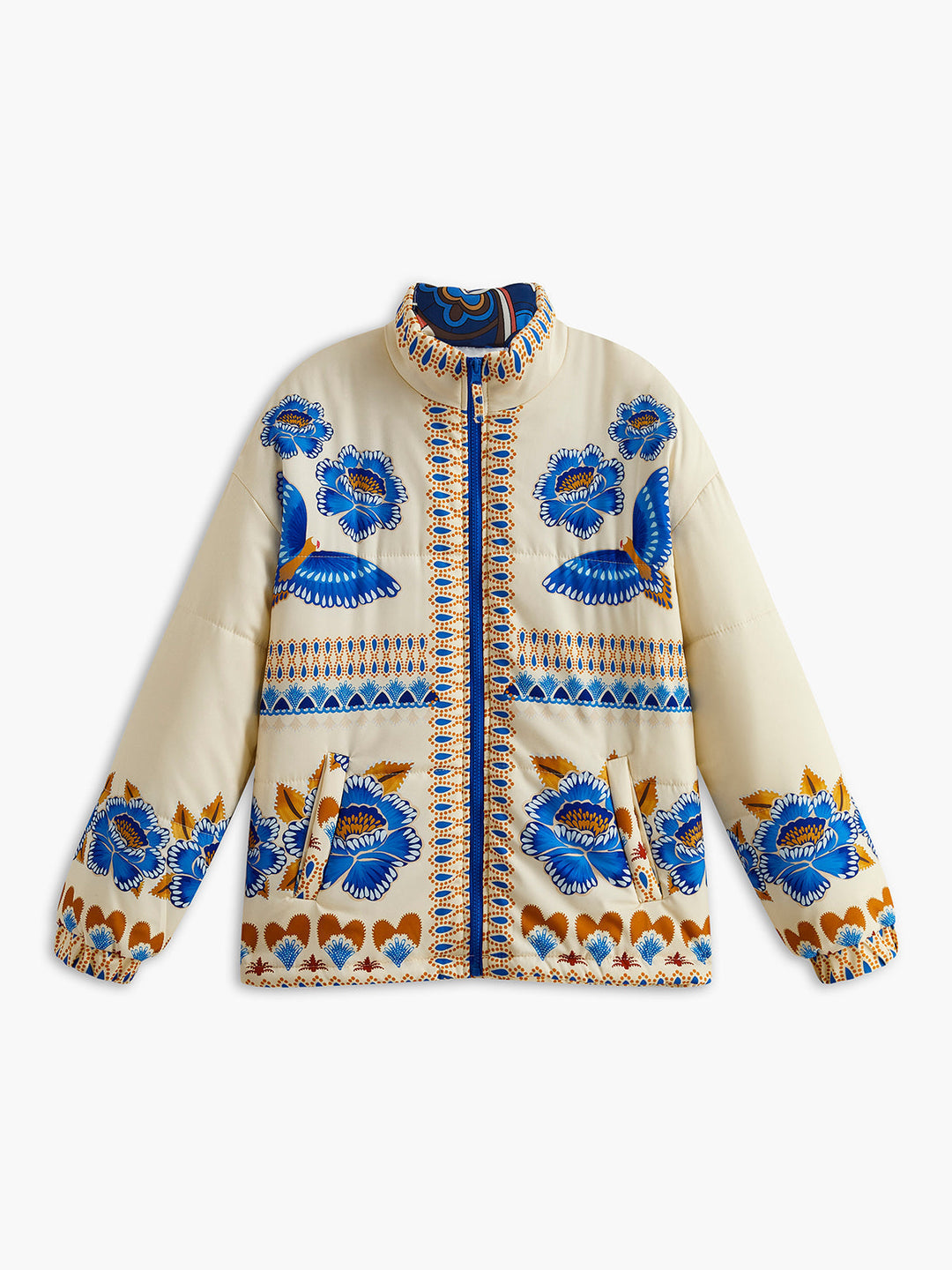 Bunte Damenjacke mit Blumenmuster, blau und beige, Stehkragen, Reißverschluss, modisch.