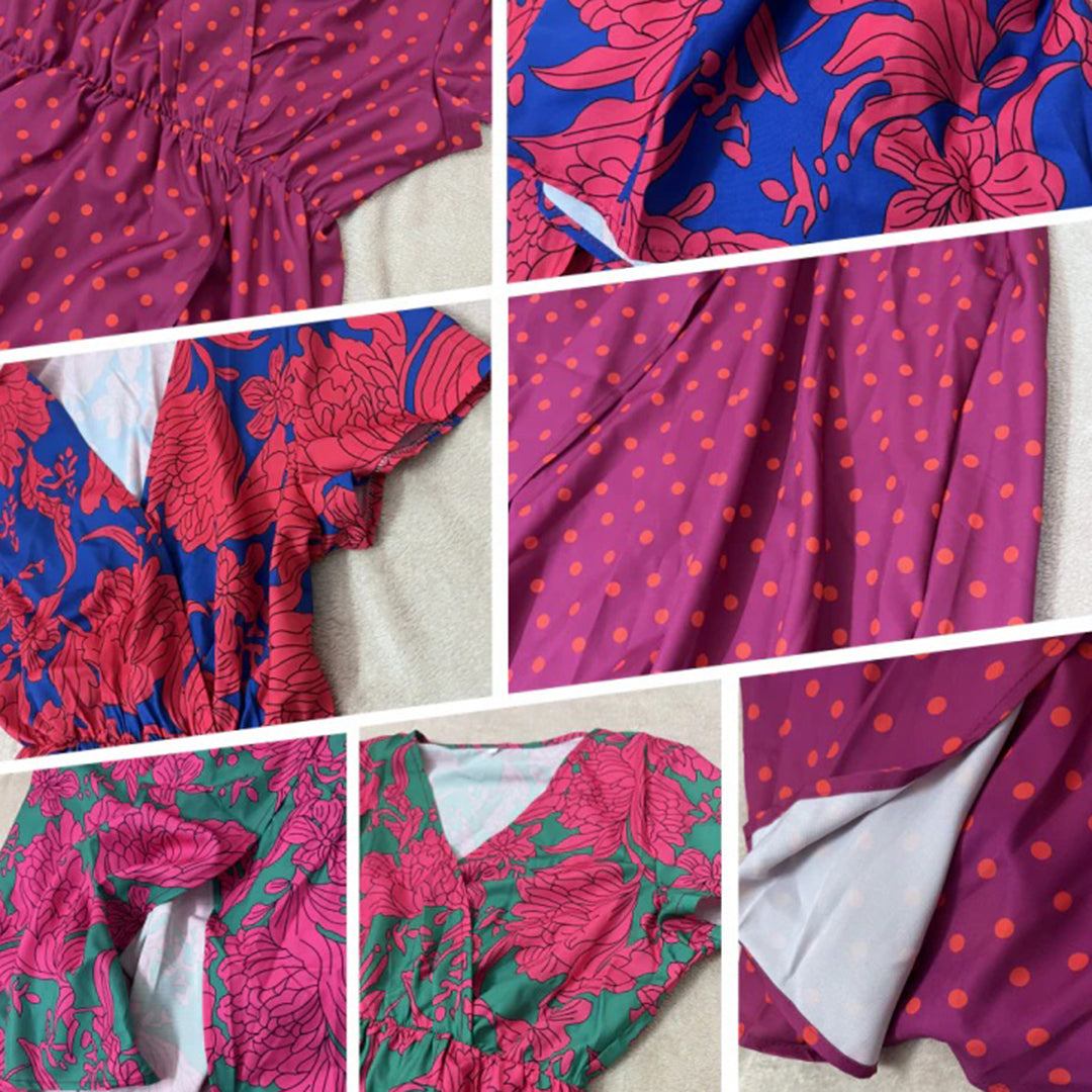 Bunte Damenkleider mit Blumen- und Punktmuster, verschiedene Stoffe und Designs, Nahaufnahme.