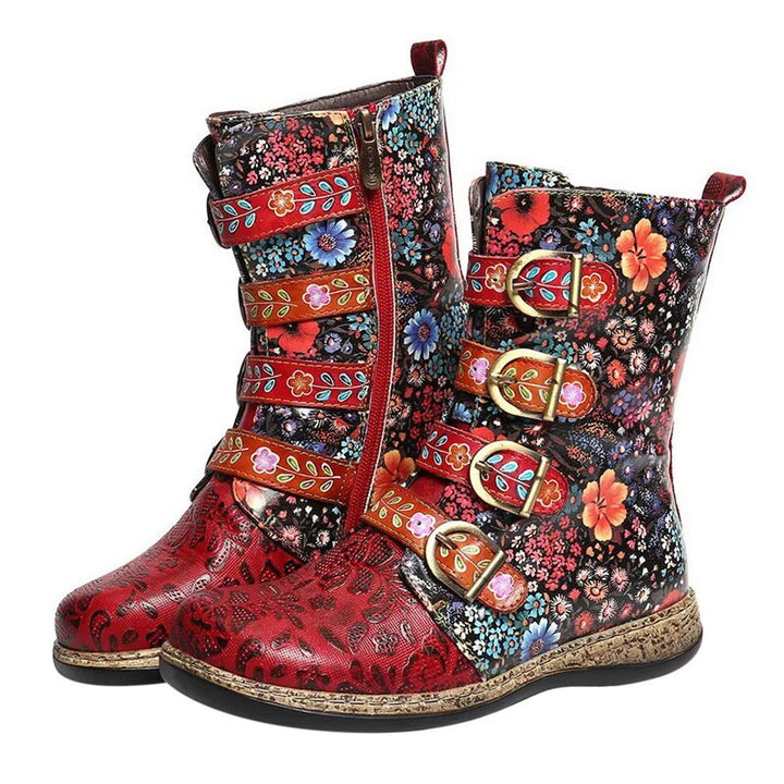 Bunte Damenstiefel mit Blumenmuster, Leder, Reißverschluss, Schnallen, Herbstmode.
