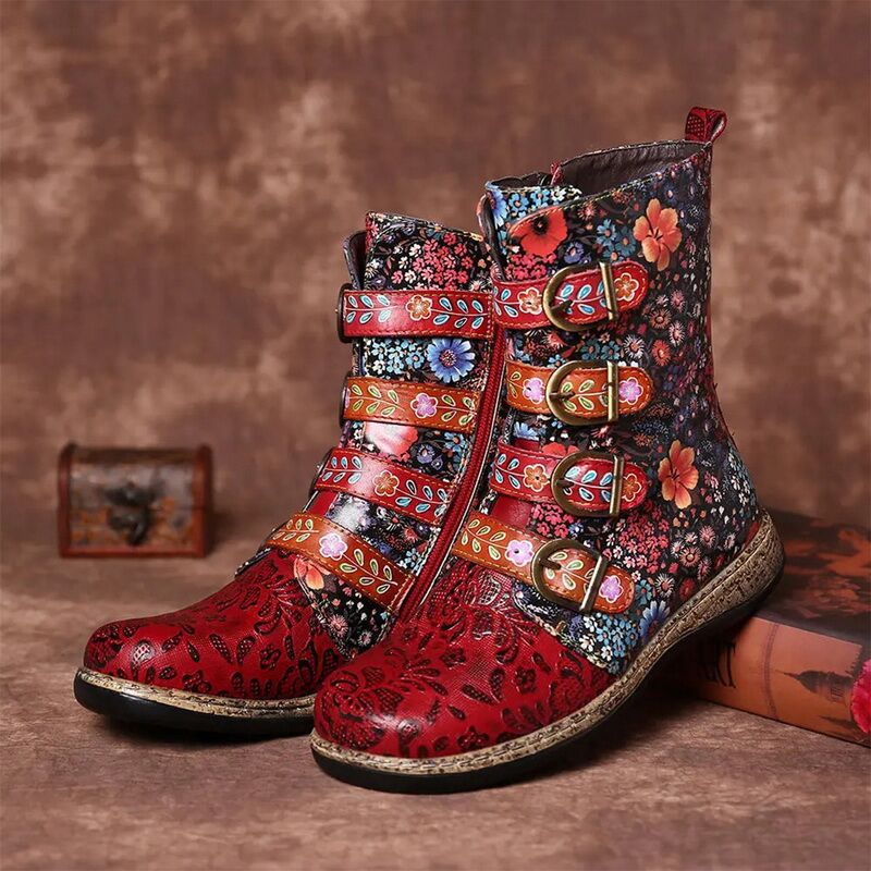 Bunte Damenstiefeletten mit Blumenmuster, Leder, modisch, bequem, Herbst-Winter-Schuhe.