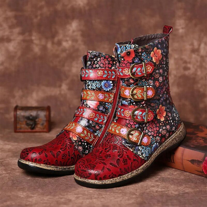 Bunte Damenstiefeletten mit Blumenmuster, Leder, modisch, bequem, Herbst-Winter-Schuhe.